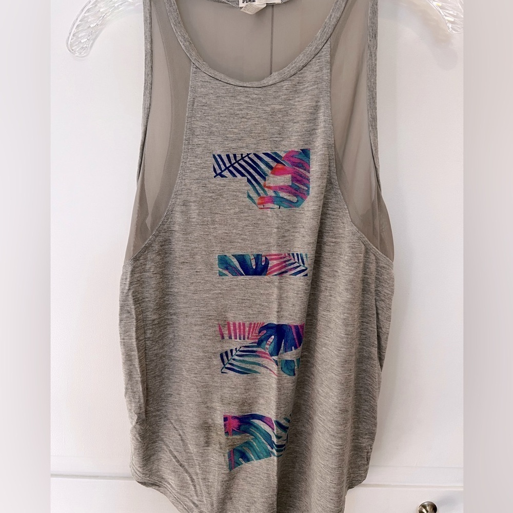 Victoria Secret Pink Women Athletic Tropical  Mesh Racerback Tank Top Gray XS‎